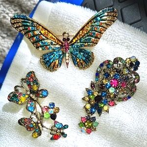 Colorful Butterfly and Floral Brooch Set